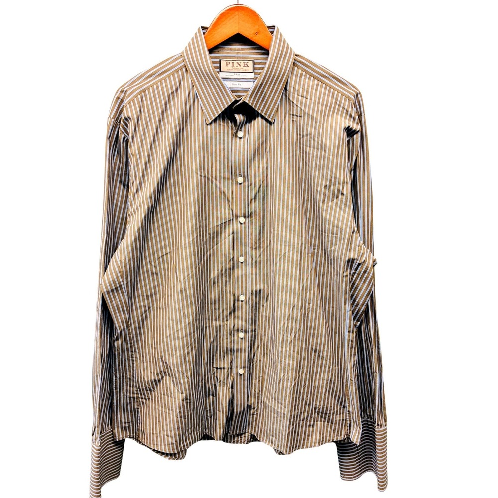 Thomas Pink Dress Shirt Men's 18/46 Brown Blue Stripe Slim Fit French Cuff
